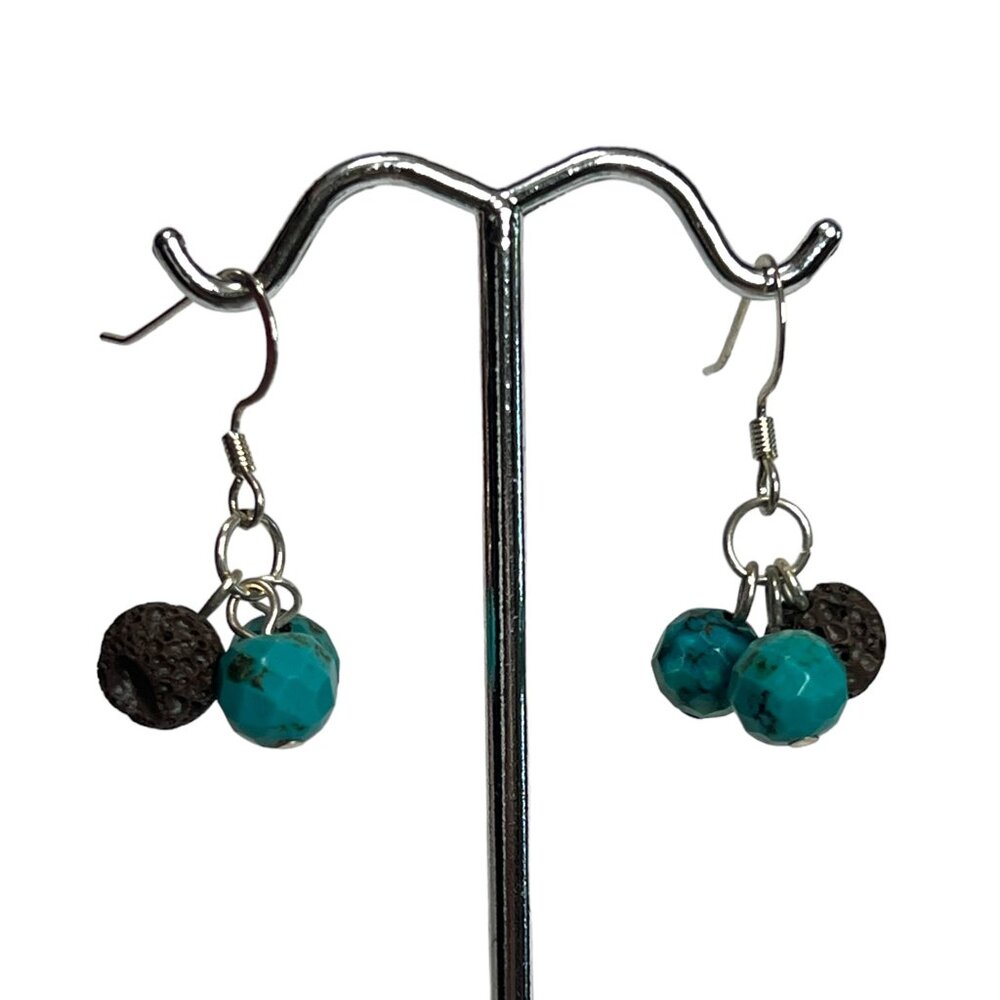 Small cluster earrings, brown lava rock and turquoise colored beads